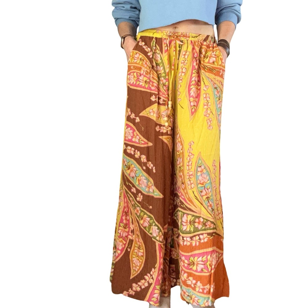 Haute Hippie Orange Yellow Floral Wide Leg Palazzo Print Crepe Pants Size Large - Picture 5 of 13